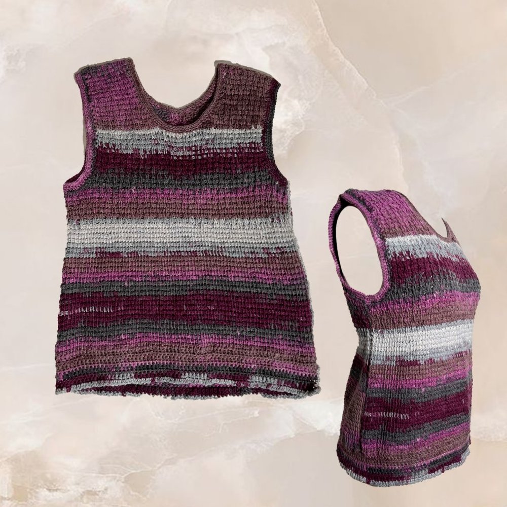 Vintage Purple Lavender Striped Ombre Knitted Crochet Tank Vest Handmade Sz M/L